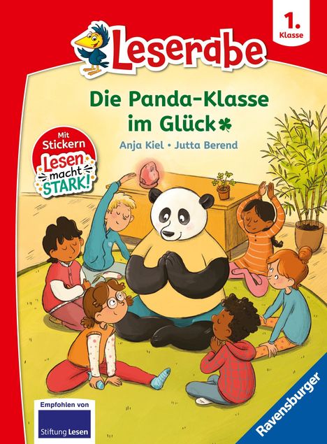 Titel: "Leserabe - Die Panda-Klasse im Glück". Illustration zeigt einen Panda mit Kindern in Meditationspose.