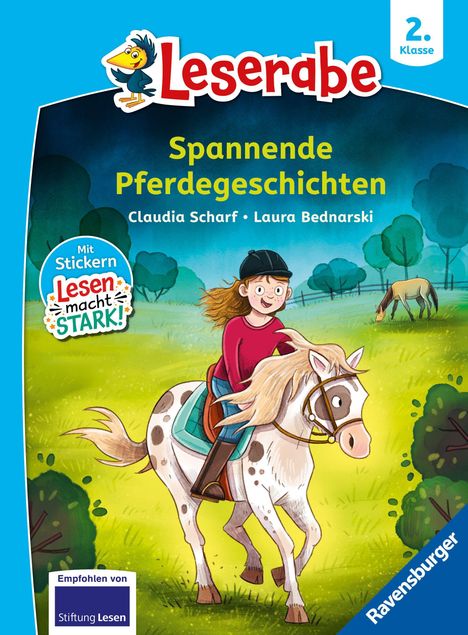 „Leserabe“, „Spannende Pferdegeschichten“, „2. Klasse“. Illustration: Mädchen reitet ein Pony auf einer Wiese.