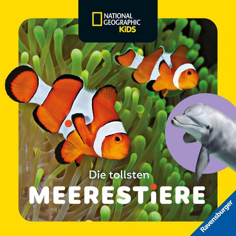 Logo "NATIONAL GEOGRAPHIC KIDS". Titel: "Die tollsten Meerestiere". Zwei Clownfische und ein Delfin.