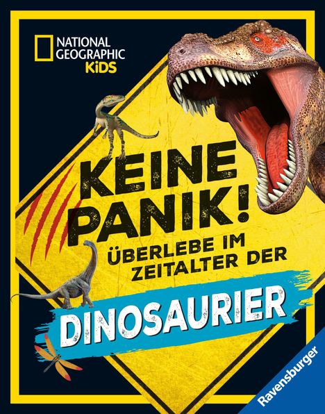 Text: "Keine Panik! Überlebe im Zeitalter der Dinosaurier." Illustration mit Dinosauriern und Logos.