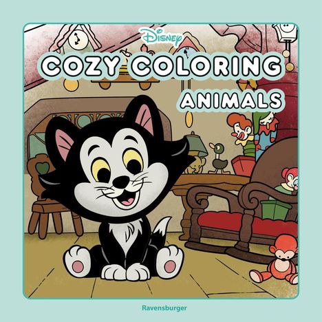 „COZY COLORING ANIMALS“; Disney-Illustration: Schwarze Katze lächelnd in gemütlichem Raum mit Spielsachen. Ravensburger.