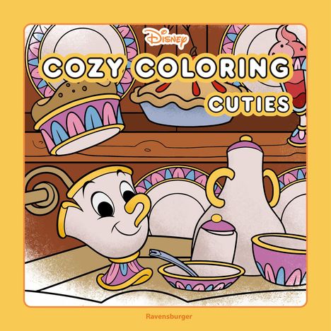 "Cozy Coloring Cuties" in verspielter Schrift. Illustration von lächelndem Teegeschirr und Gebäck in warmen Farben.