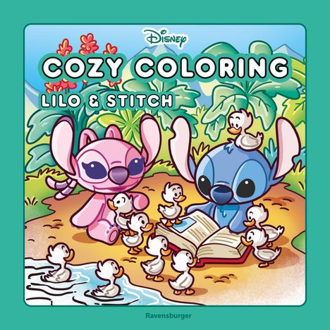 "COZY COLORING LILO & STITCH" steht oben. Zwei Figuren mit Enten sitzen am Ufer, umgeben von Pflanzen.