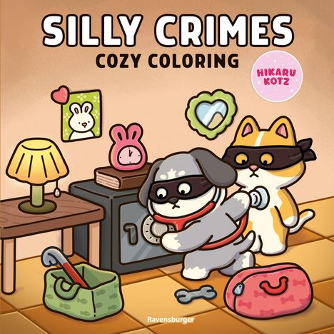 "SILLY CRIMES. COZY COLORING. HIKARU KOTZ." Zwei Tiere mit Masken knacken einen Tresor in einem humorvollen Cartoon-Stil.
