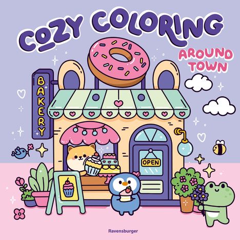 „Cozy Coloring Around Town“ in großen Buchstaben. Illustration: Bäckerei mit niedlichen Tieren und bunter Fassade.