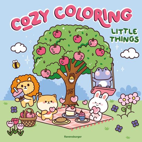 „COZY COLORING LITTLE THINGS“ ist in bunten Buchstaben zu sehen. Niedliche Tiere machen ein Picknick unter einem Apfelbaum.