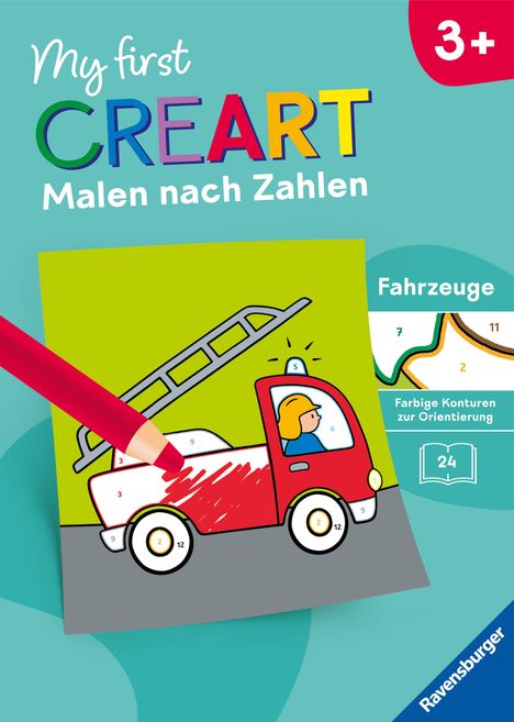"My first CREART Malen nach Zahlen, Fahrzeuge, 3+. Zeichnung eines Feuerwehrautos, Buntstift und farbige Konturen."