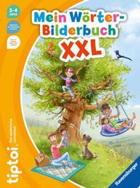 Text: "Mein Wörter-Bilderbuch XXL" und "tiptoi ab 3-4 Jahre". Kinder spielen auf einem Baum; fröhliche, bunte Illustration.