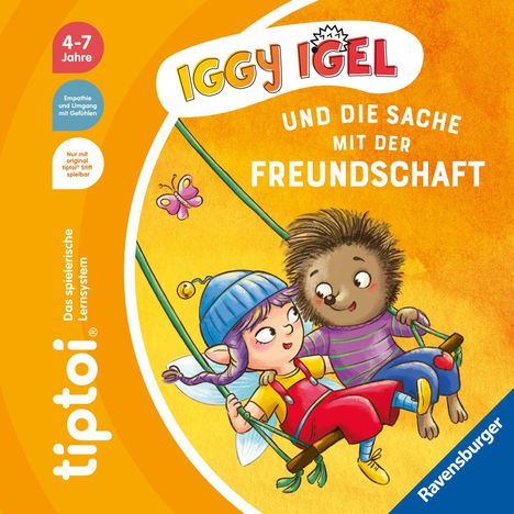 „Iggy Igel und die Sache mit der Freundschaft“ ist ein buntes Cover mit Igel und Fee auf einer Schaukel.