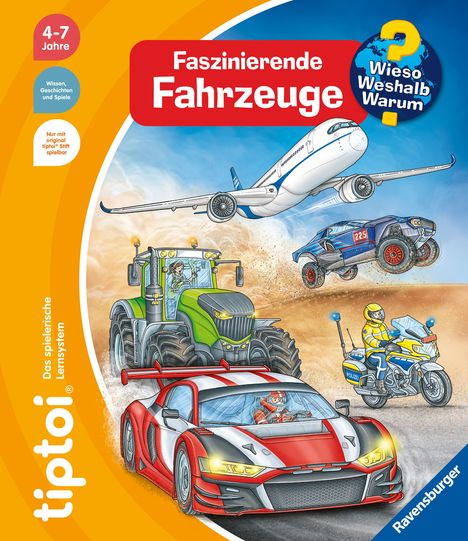 Titel: Faszinierende Fahrzeuge. Logos: "Wieso? Weshalb? Warum?", "tiptoi". Illustration: Flugzeug, Traktor, Auto, Motorrad.
