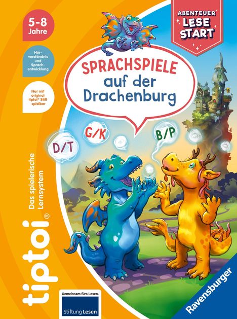 "Sprachspiele auf der Drachenburg" - Zwei bunte Drachen vor einem fantasievollen Schloss.