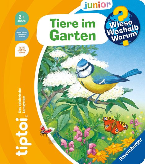 "Tiere im Garten" mit einem bunten Vogel und Schmetterling mitten in blühenden Pflanzen. Ein kinderfreundliches Design.