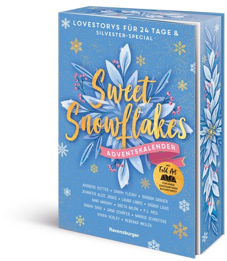 "Lovestory für 24 Tage & Silvester-Special: Sweet Snowflakes Adventskalender. Blaues Cover, Schneeflocken, rote Beeren."
