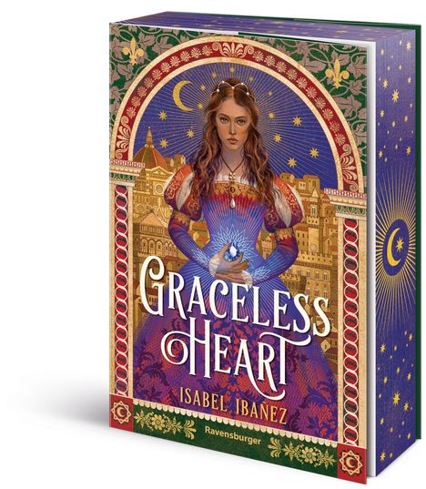 "Graceless Heart", Isabel Ibanez. Ravensburger. Illustration: Eine Frau in mittelalterlichem Kleid mit leuchtendem Herz.