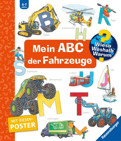 „Mein ABC der Fahrzeuge“, „Wieso Weshalb Warum?“ und „Mit Riesenposter“. Illustration von Fahrzeugen und Buchstaben.