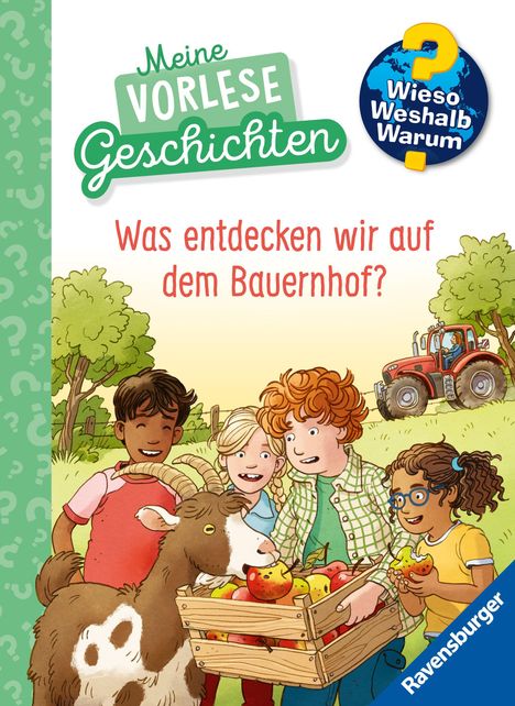 Links: “Meine Vorlesegeschichten.” Rot: “Was entdecken wir auf dem Bauernhof?” Kinder mit Ziegen und Früchten.