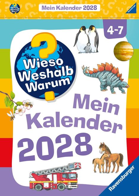 „Mein Kalender 2028“: Bunte Illustration mit Pinguinen, Dinosaurier, Blumen, Feuerwehrauto, Planeten und Logo.
