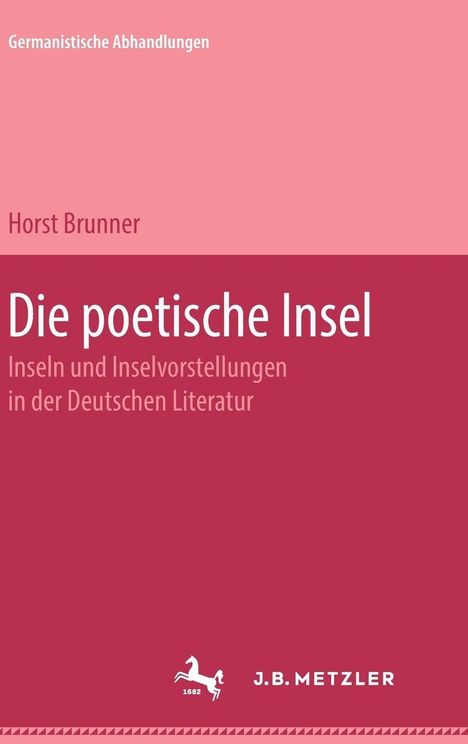 Titel: "Die poetische Insel". Autor: Horst Brunner. Thema: Inseln in der deutschen Literatur. Oben rosa, unten rot. Logos unten.