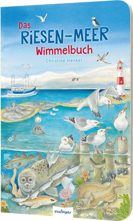 Text: "Das Riesen-Meer Wimmelbuch, Christine Henkel." Illustration: Viele Meereslebewesen, Vögel, ein Boot und ein Leuchtturm.