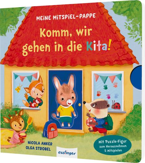 "Komm, wir gehen in die Kita!" steht auf einem farbenfrohen Kinderbuch mit Tieren vor einem Haus.