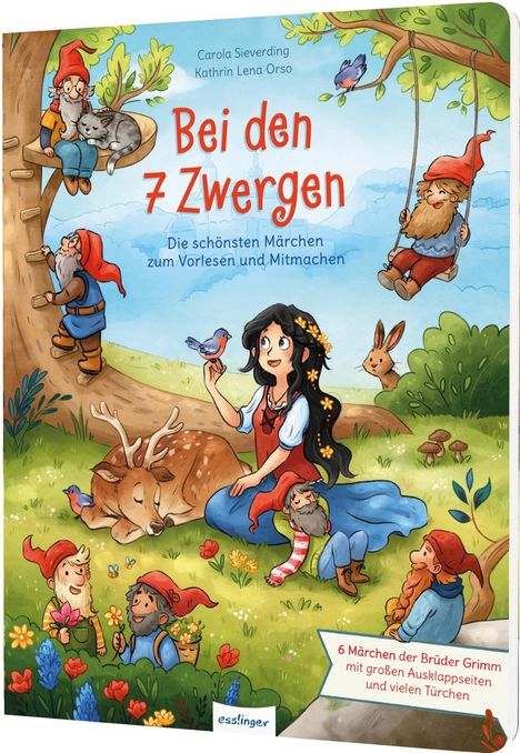 Titel: "Bei den 7 Zwergen". Illustration: Frau sitzt mit Vögeln und Rehen, umgeben von kleinen Zwergen im Wald.