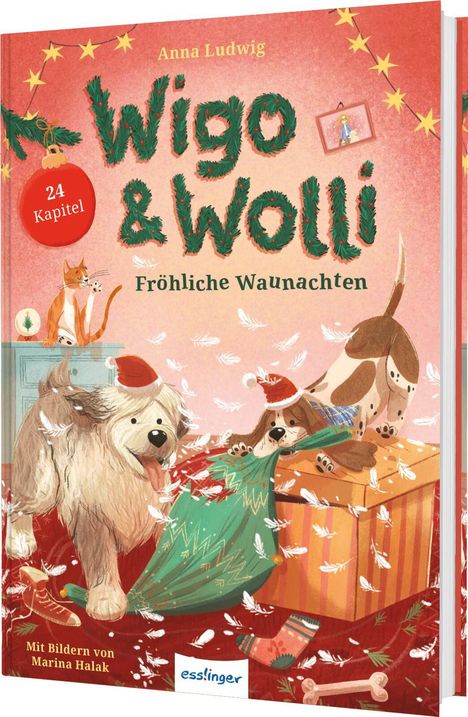 "Wigo & Wolli: Fröhliche Waunachten" mit 24 Kapiteln. Eine Illustration zeigt Hunde mit weihnachtlichen Motiven.