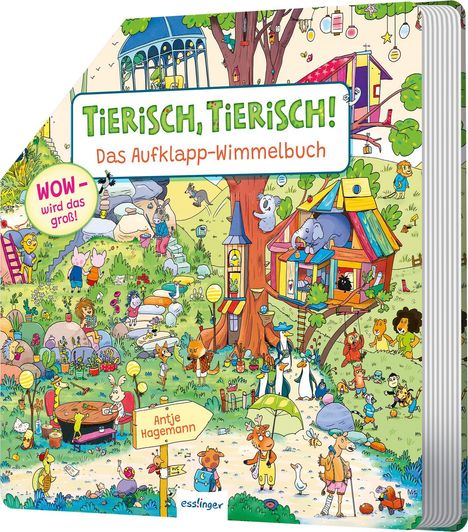 „Tierisch, Tierisch! Das Aufklapp-Wimmelbuch.“ Illustration von Tieren und einem Baumhaus in einer lebendigen Naturkulisse.