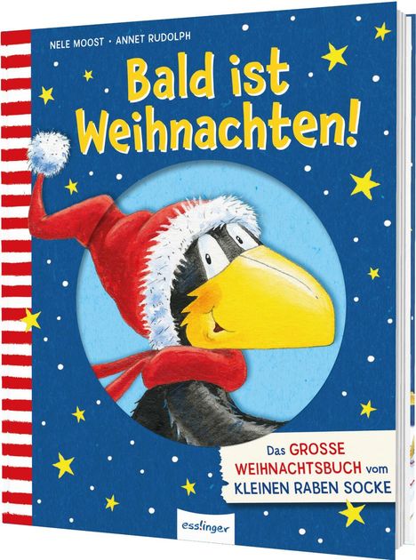 Titel: "Bald ist Weihnachten!". Illustration: Ein Rabe mit roter Mütze und Schal vor blauem Hintergrund mit Sternen.