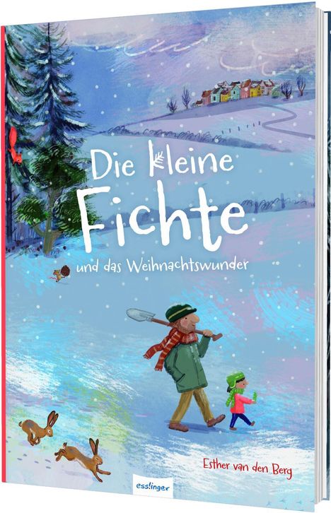 „Die kleine Fichte und das Weihnachtswunder“ in winterlicher Landschaft. Erwachsener mit Kind, Schaufel und zwei Hasen.