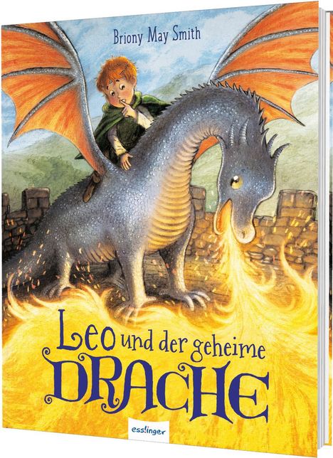 "Leo und der geheime Drache". Ein Junge auf einem Drachen; Er macht eine Ruhe-Geste. Der Drache speit Feuer.