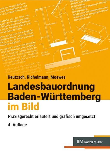 "Landesbauordnung Baden-Württemberg im Bild" in schwarzer und gelber Schrift, technische Zeichnungen als Hintergrund.
