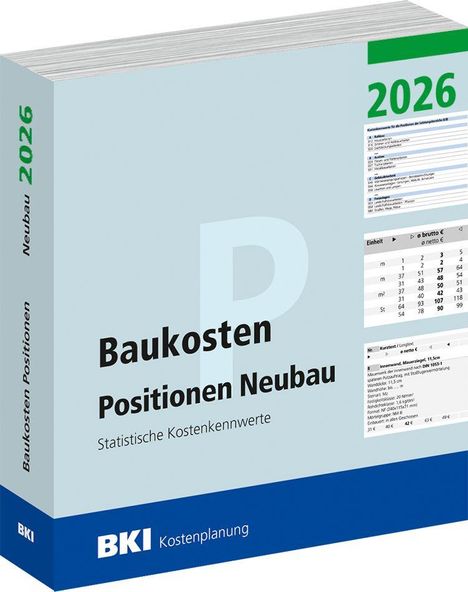 Titel: Baukosten Positionen Neubau 2026. Statistische Kostenkennwerte. BKI Logo unten. Cover eines Buches.