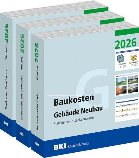 "Baukosten Gebäude Neubau, Statistische Kostenkennwerte, 2026." Drei Bücher mit Gebäudebildern und einem grünen Abschnitt.