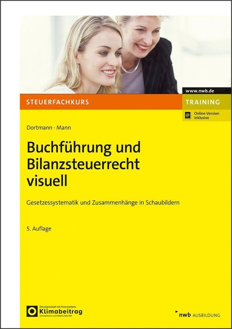 "Buchführung und Bilanzsteuerrecht visuell", 5. Auflage, Cover in Gelb, oben Foto von zwei lächelnden Frauen.