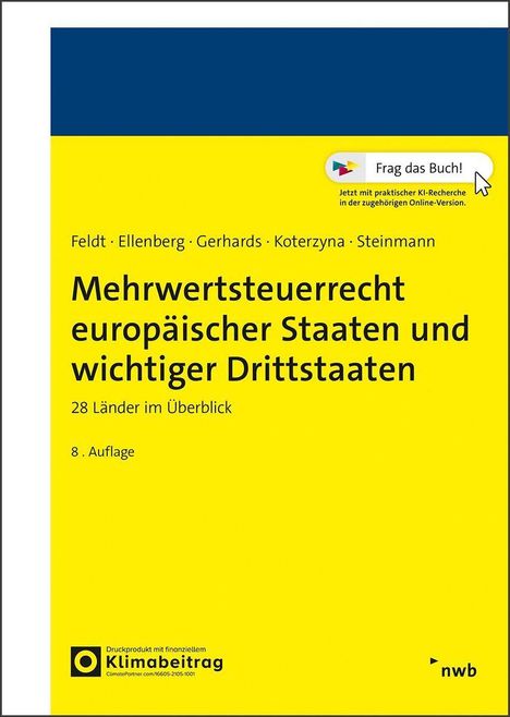 Titel: Mehrwertsteuerrecht europäischer Staaten. 28 Länder im Überblick, 8. Auflage. Gelber Hintergrund, nwb-Logo.