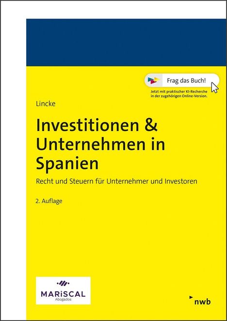 "Investitionen und Steuern in Spanien" von Lincke, 2. Auflage, auf gelbem Hintergrund, Mariscal & Asociados Logo.