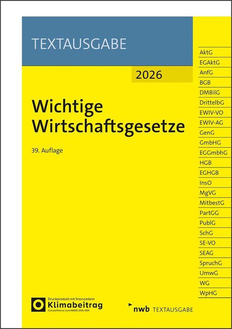 TEXTAUSGABE 2026, Wichtige Wirtschaftsgesetze, 39. Auflage. Gelber Hintergrund, Liste von Gesetzesabkürzungen.