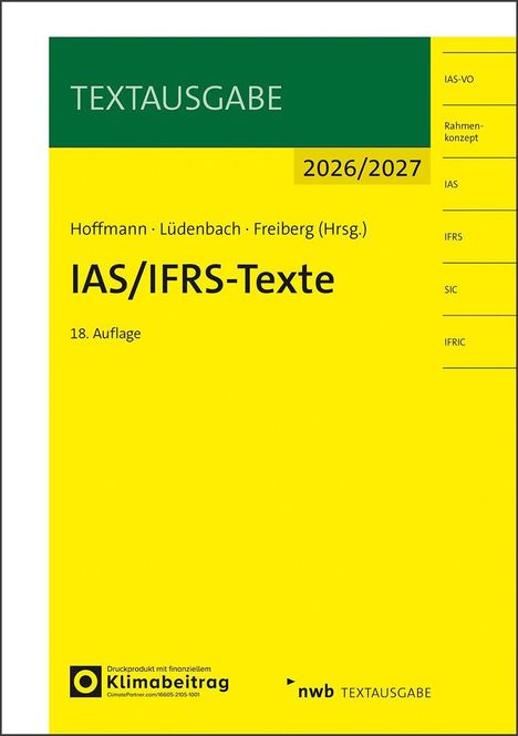 "TEXTAUSGABE 2026/2027, IAS/IFRS-Texte, 18. Auflage. Gelbes Cover mit grünem und schwarzem Text."