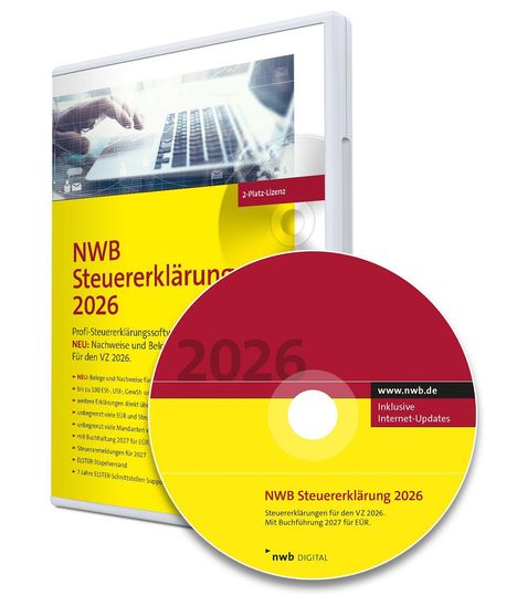 CD-Hülle und CD mit "NWB Steuererklärung 2026", gelb-rot, Text über Funktionen und Updates. Laptop-Tastatur als Hintergrund.