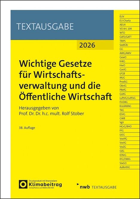 TEXTAUSGABE 2026, Wichtige Gesetze für Wirtschaftsverwaltung und die Öffentliche Wirtschaft, gelber Hintergrund.