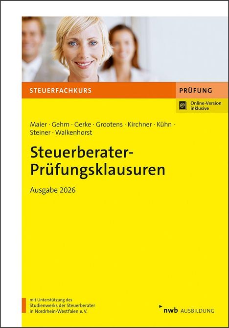 „Steuerberater-Prüfungsklausuren, Ausgabe 2026.“ Oben lächelt eine Frau in die Kamera, dahinter zwei Personen.