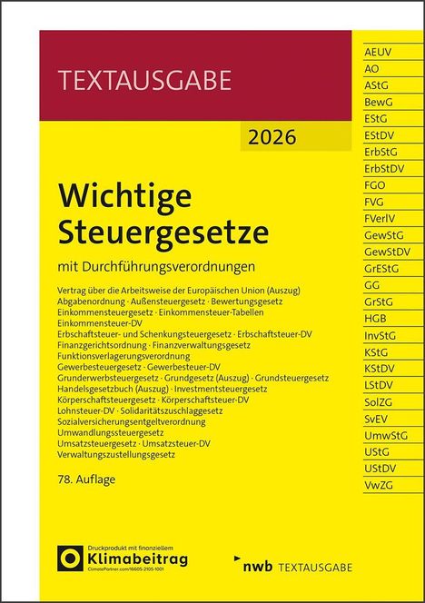 Titel: "Wichtige Steuergesetze", Auflage 2026. Enthält Gesetze mit Durchführungsverordnungen, 78. Auflage, gelbes Cover.