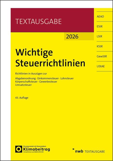 TEXTAUSGABE 2026. Wichtige Steuerrichtlinien, 43. Auflage. Gelber Hintergrund, unten Klimabeitrag-Logo.