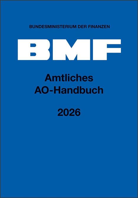 Text: "BMF", "Amtliches AO-Handbuch", "2026". Blauer Hintergrund, offizielles Erscheinungsbild.