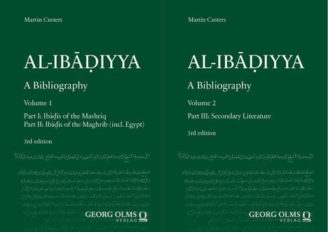 Zwei grüne Buchcover mit dem Titel "AL-IBĀḌIYYA: A Bibliography" von Martin Custers, Aufteilung in zwei Bände.