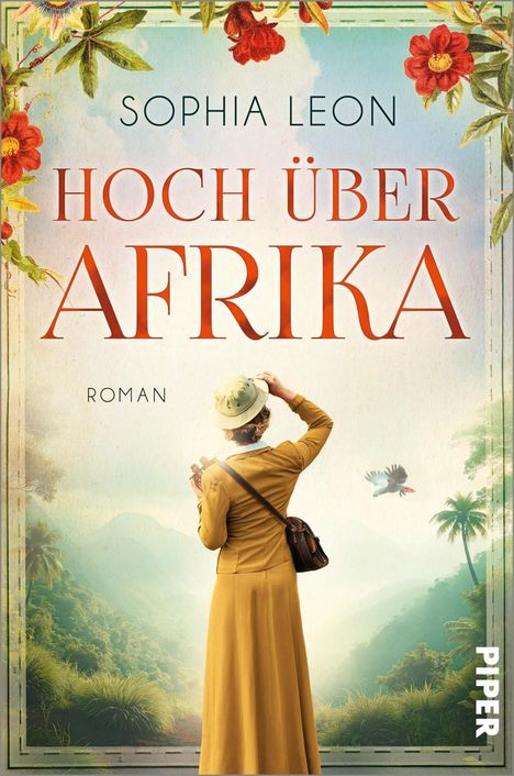 "Hoch über Afrika" von Sophia Leon. Eine Frau in altmodischer Kleidung blickt mit Fernglas auf eine Landschaft mit Palmen.