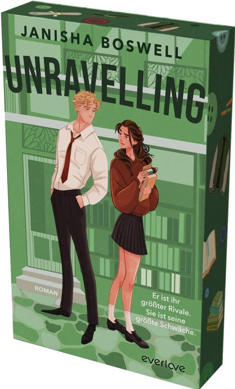Text: "Janisha Boswell. Unravelling. Er ist ihr größter Rivale. Sie ist seine größte Schwäche. Roman." Illustration: Ein Paar in Schulkleidung.
