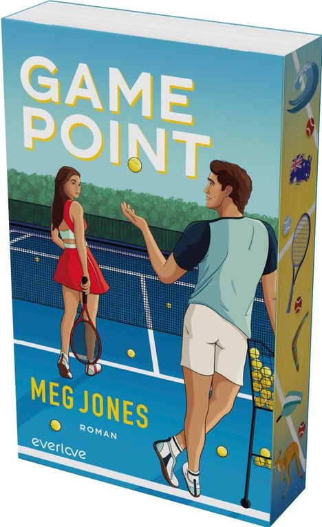 „GAME POINT“ in großen Buchstaben, darunter „MEG JONES“, „Roman“. Illustration: Zwei Tennisspieler auf dem Platz.