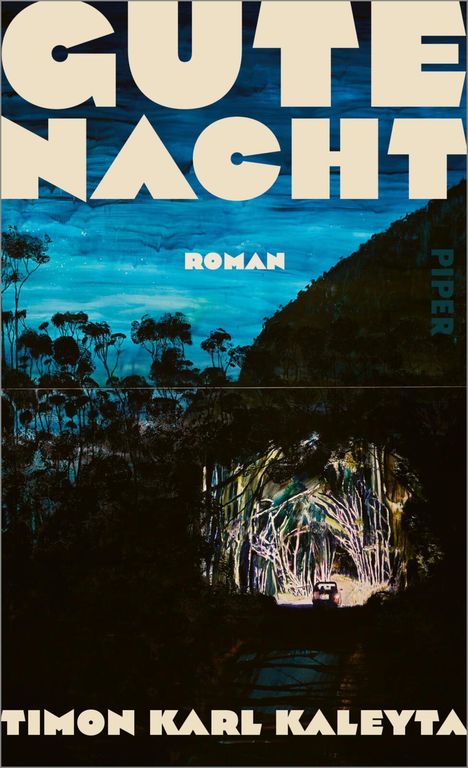 Text: "GUTE NACHT," "ROMAN," "TIMON KARL KALEYTA." Dunkle Landschaft mit leuchtenden Bäumen, Auto im Wald.