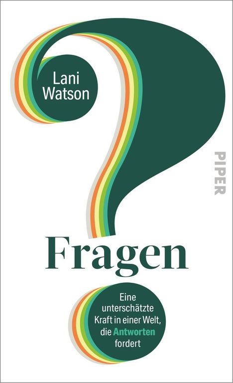 „Lani Watson. Fragen. Eine unterschätzte Kraft in einer Welt, die Antworten fordert.“ Design mit großem Fragezeichen.